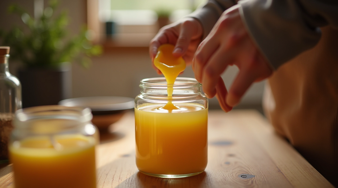 Hands pouring melted soy wax into a glass thaldell container on a wooden work surface