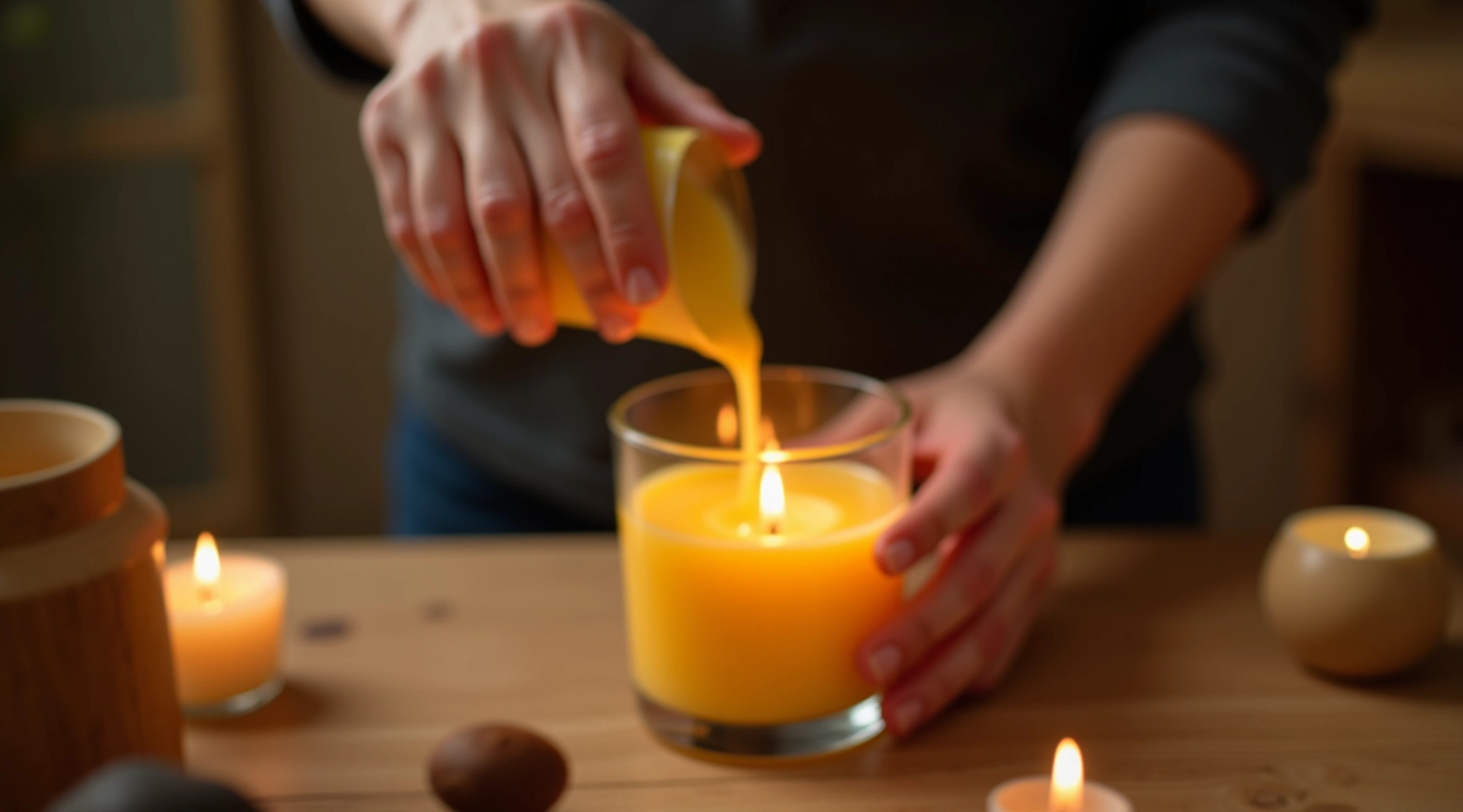 Close-up of melted soy wax being poured carefully into a clear glass thaldell container on a wooden workbench