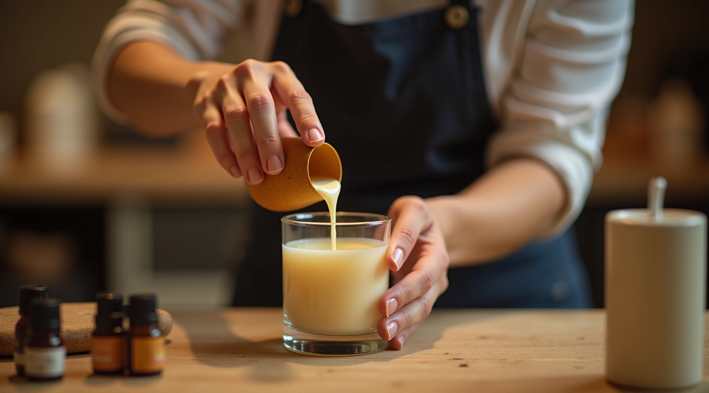 Expert demonstrating soy wax pouring technique in thaldell making workshop
